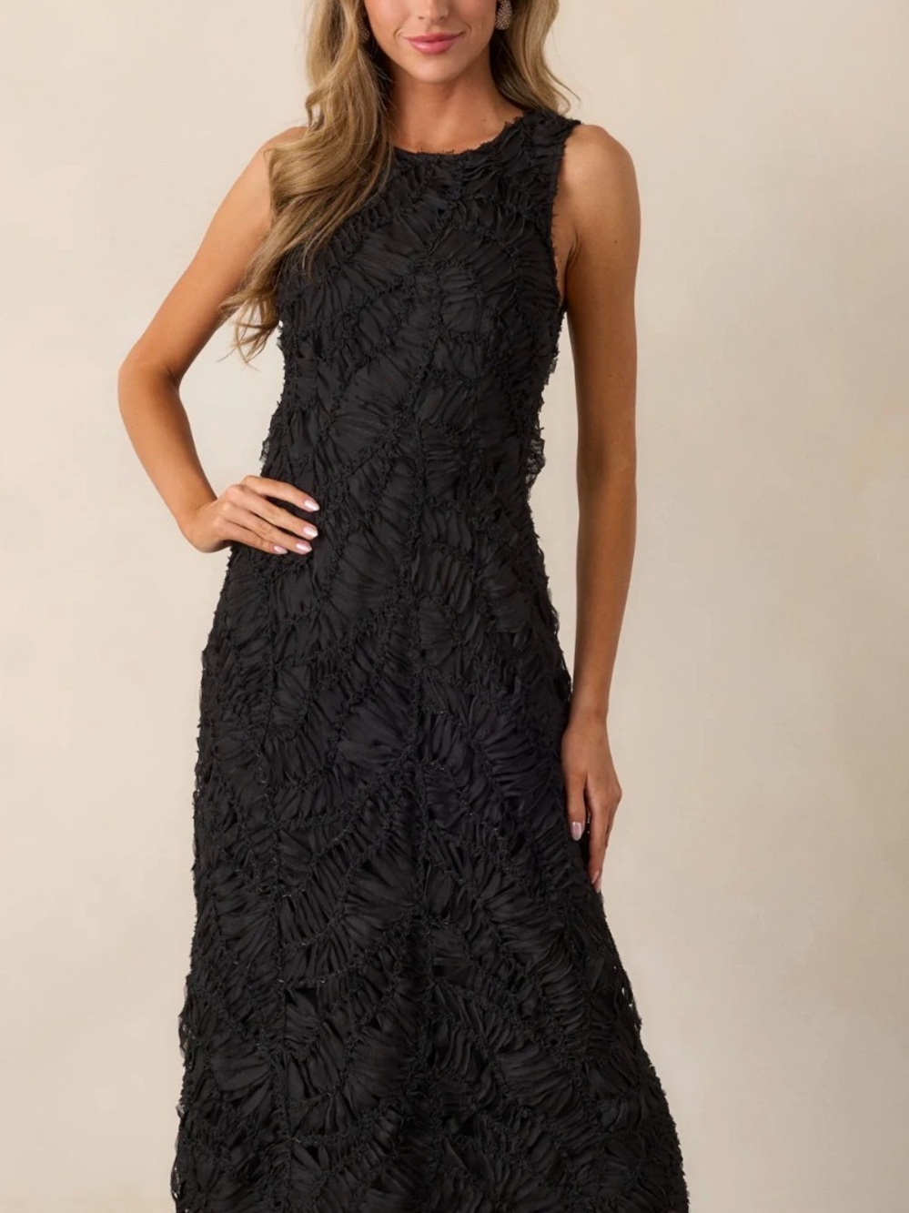 Black Textured Boutique Midi Cocktail Dress | Size Large